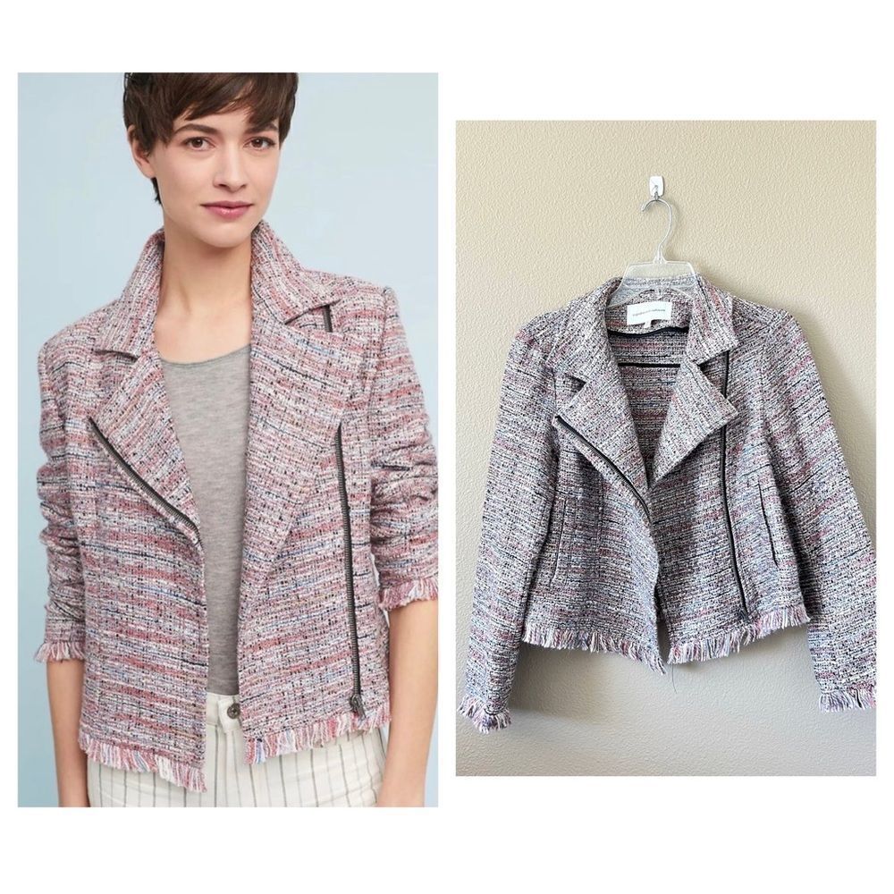 cupcakes & cashmere Pink Multi Tweed Fringe Zip Blazer